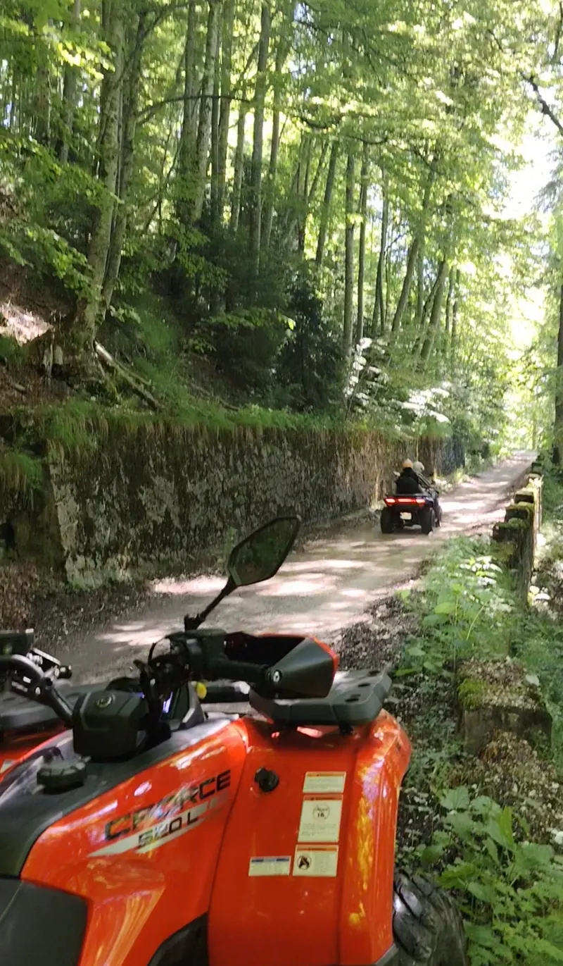 Blue ATV next to a mountain stream on the Royal Sheepfold trail, Bucegi