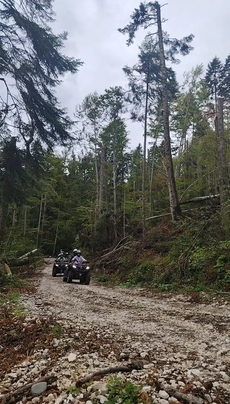 Column of ATVs on a rocky road on the long trail in the Bucegi, Sinaia