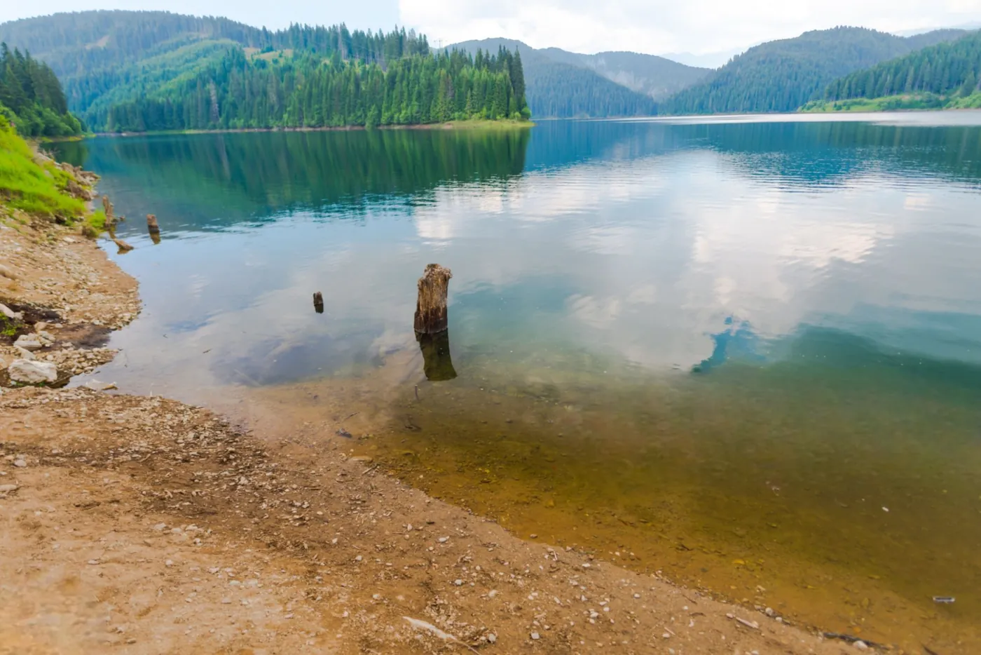 The shore of Bolboci Lake with clear water, Bucegi Mountains